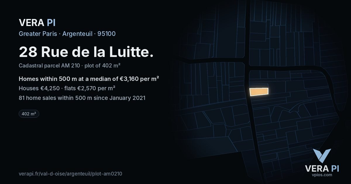 28 Rue de la Luitte, Argenteuil at night – the plot lit, the parcels around coloured by the prices near them