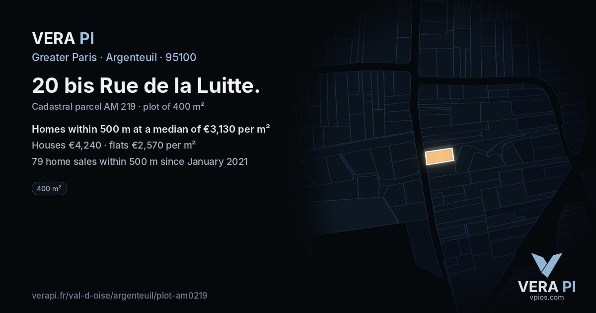 20 bis Rue de la Luitte, Argenteuil at night – the plot lit, the parcels around coloured by the prices near them