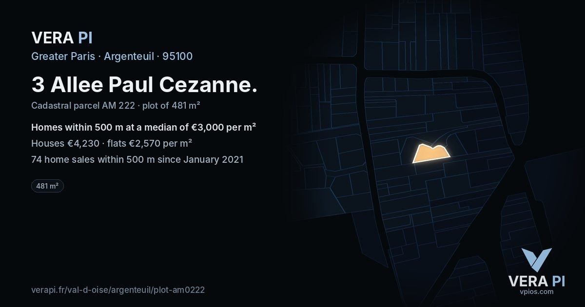 3 Allee Paul Cezanne, Argenteuil at night – the plot lit, the parcels around coloured by the prices near them