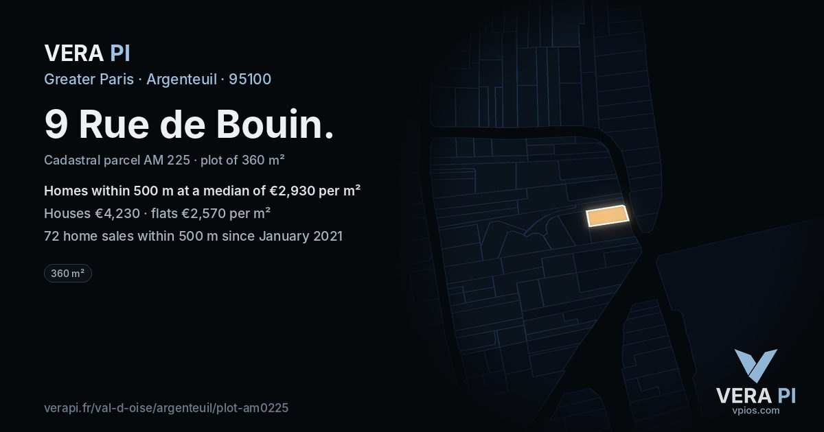 9 Rue de Bouin, Argenteuil at night – the plot lit, the parcels around coloured by the prices near them