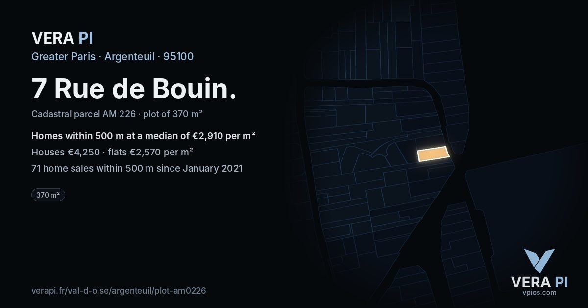 7 Rue de Bouin, Argenteuil at night – the plot lit, the parcels around coloured by the prices near them