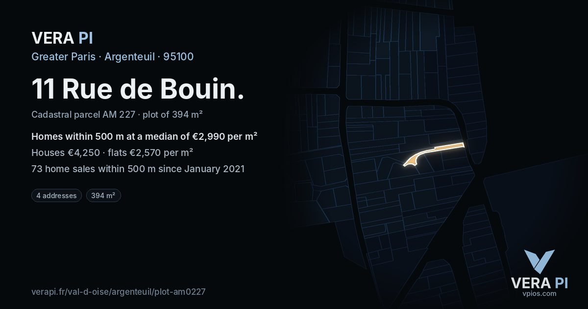 11 Rue de Bouin, Argenteuil at night – the plot lit, the parcels around coloured by the prices near them