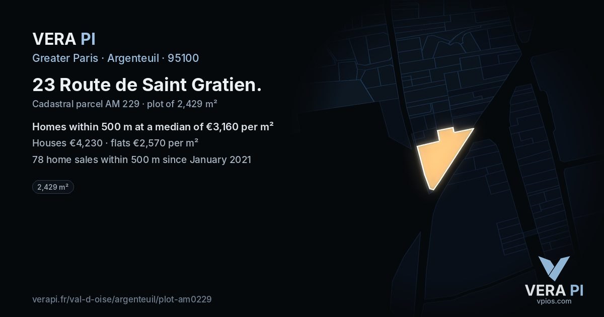 23 Route de Saint Gratien, Argenteuil at night – the plot lit, the parcels around coloured by the prices near them