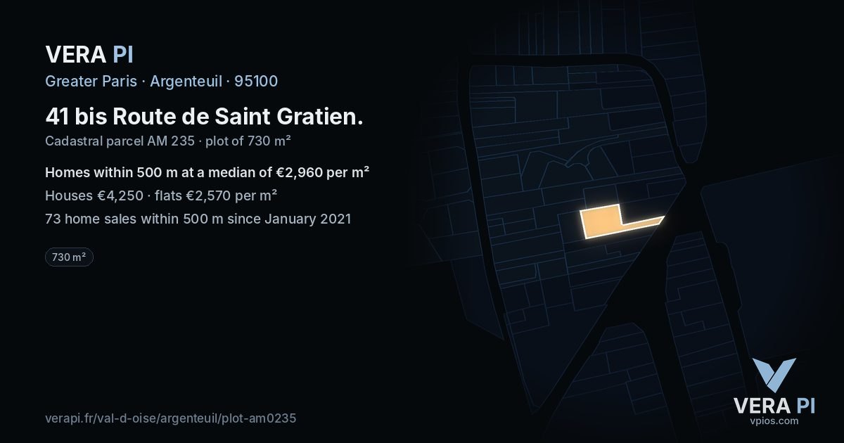 41 bis Route de Saint Gratien, Argenteuil at night – the plot lit, the parcels around coloured by the prices near them