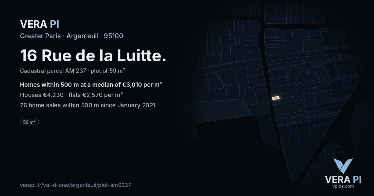 16 Rue de la Luitte, Argenteuil at night – the plot lit, the parcels around coloured by the prices near them