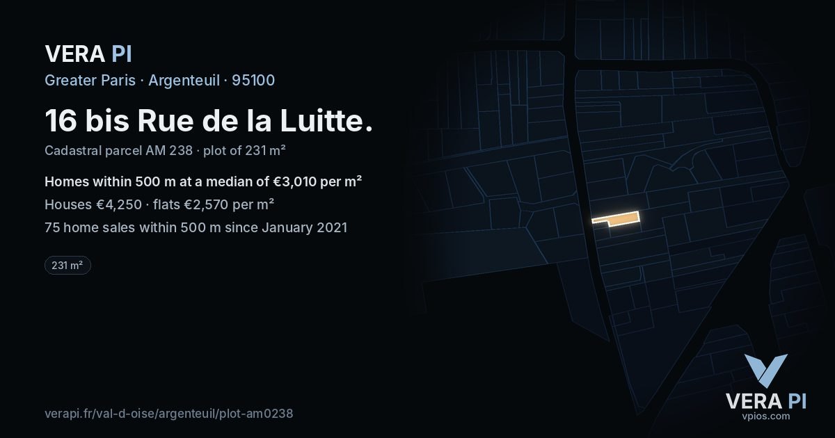 16 bis Rue de la Luitte, Argenteuil at night – the plot lit, the parcels around coloured by the prices near them