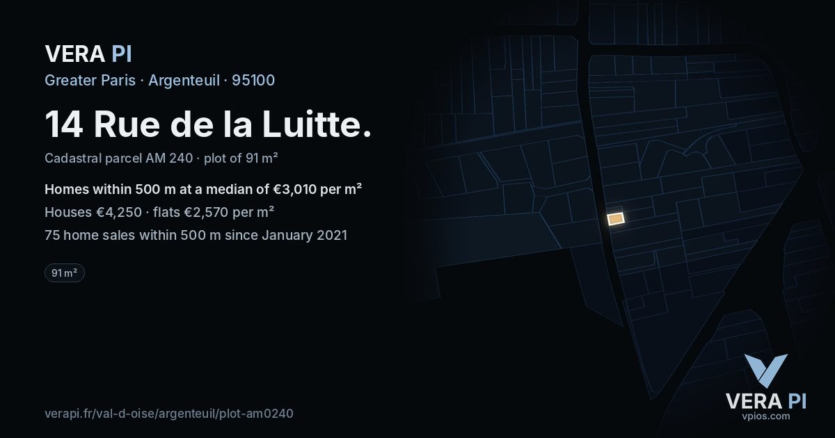 14 Rue de la Luitte, Argenteuil at night – the plot lit, the parcels around coloured by the prices near them