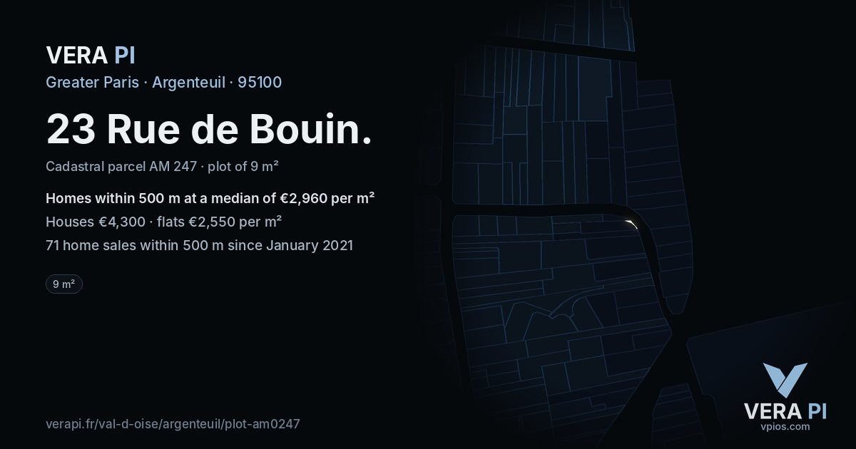 23 Rue de Bouin, Argenteuil at night – the plot lit, the parcels around coloured by the prices near them