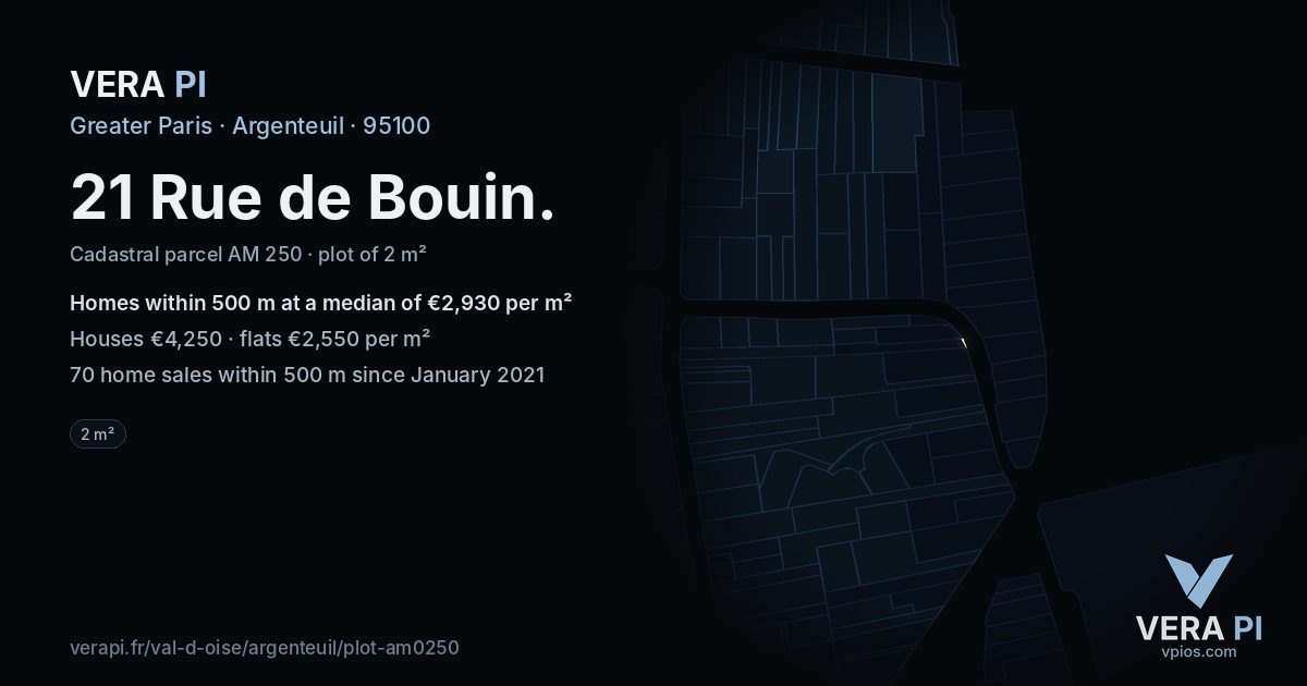 21 Rue de Bouin, Argenteuil at night – the plot lit, the parcels around coloured by the prices near them