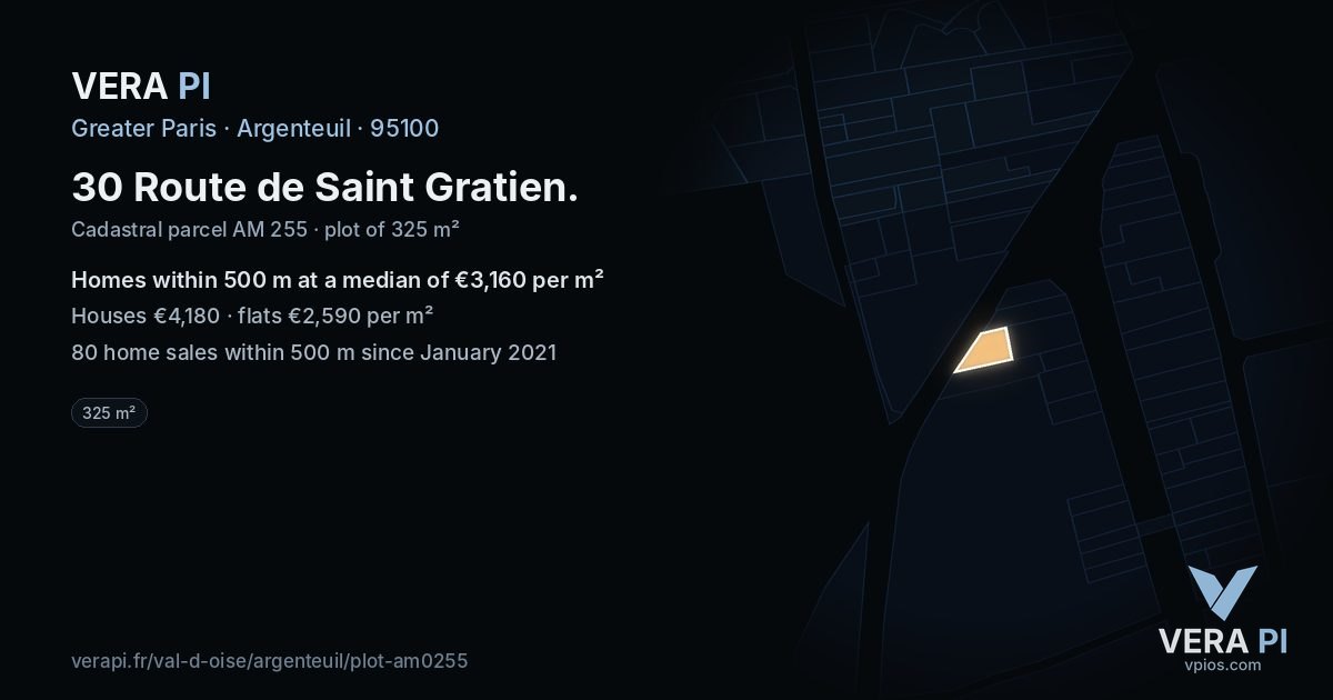 30 Route de Saint Gratien, Argenteuil at night – the plot lit, the parcels around coloured by the prices near them