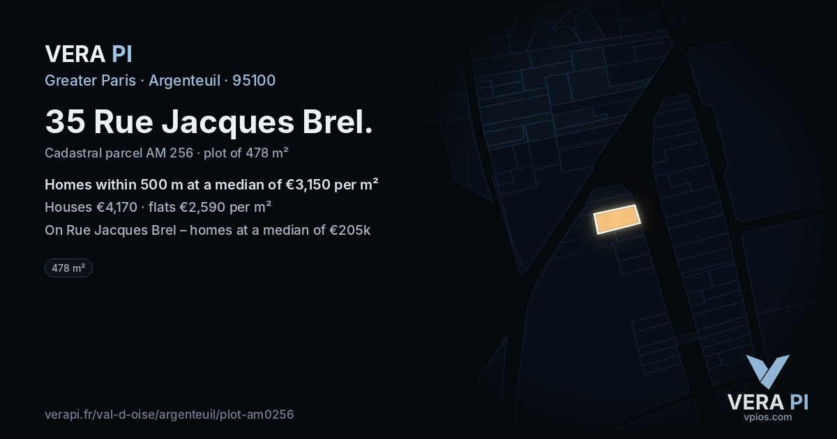 35 Rue Jacques Brel, Argenteuil at night – the plot lit, the parcels around coloured by the prices near them