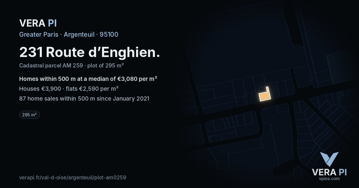 231 Route d’Enghien, Argenteuil at night – the plot lit, the parcels around coloured by the prices near them