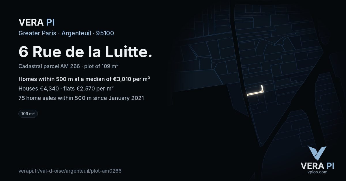 6 Rue de la Luitte, Argenteuil at night – the plot lit, the parcels around coloured by the prices near them