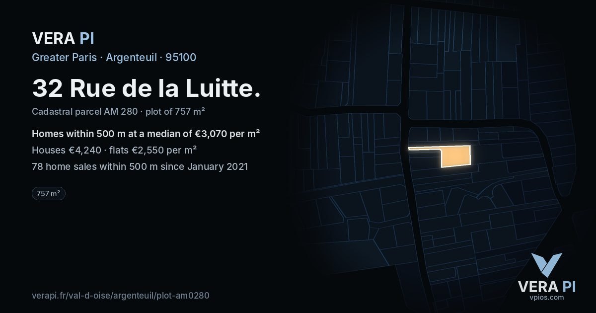 32 Rue de la Luitte, Argenteuil at night – the plot lit, the parcels around coloured by the prices near them