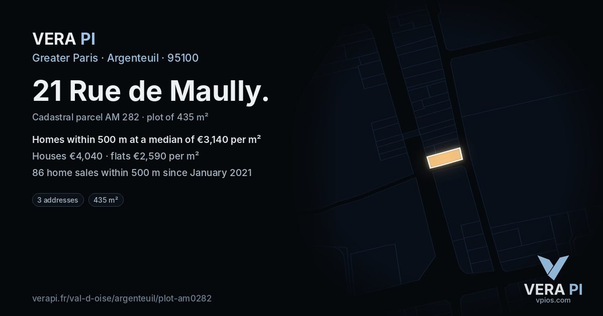 21 Rue de Maully, Argenteuil at night – the plot lit, the parcels around coloured by the prices near them