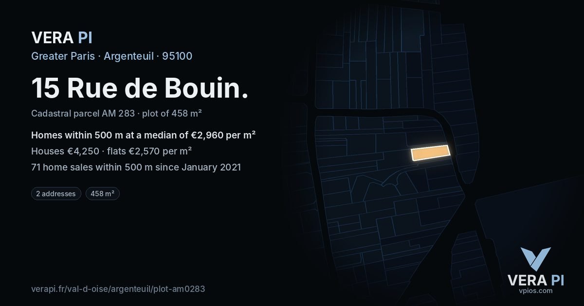 15 Rue de Bouin, Argenteuil at night – the plot lit, the parcels around coloured by the prices near them