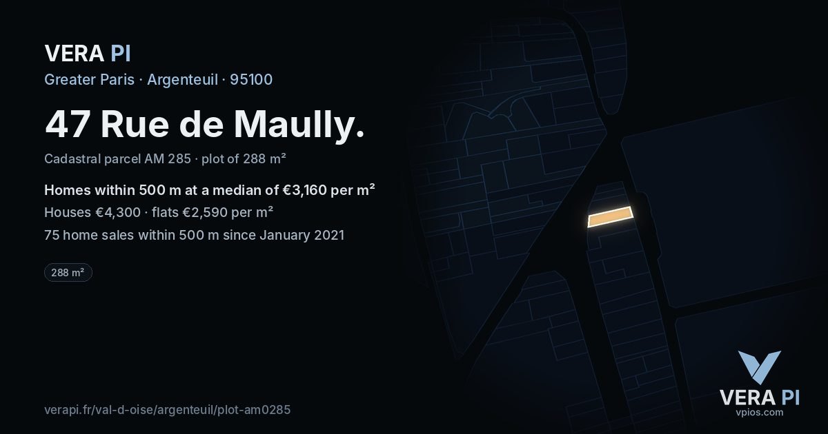47 Rue de Maully, Argenteuil at night – the plot lit, the parcels around coloured by the prices near them