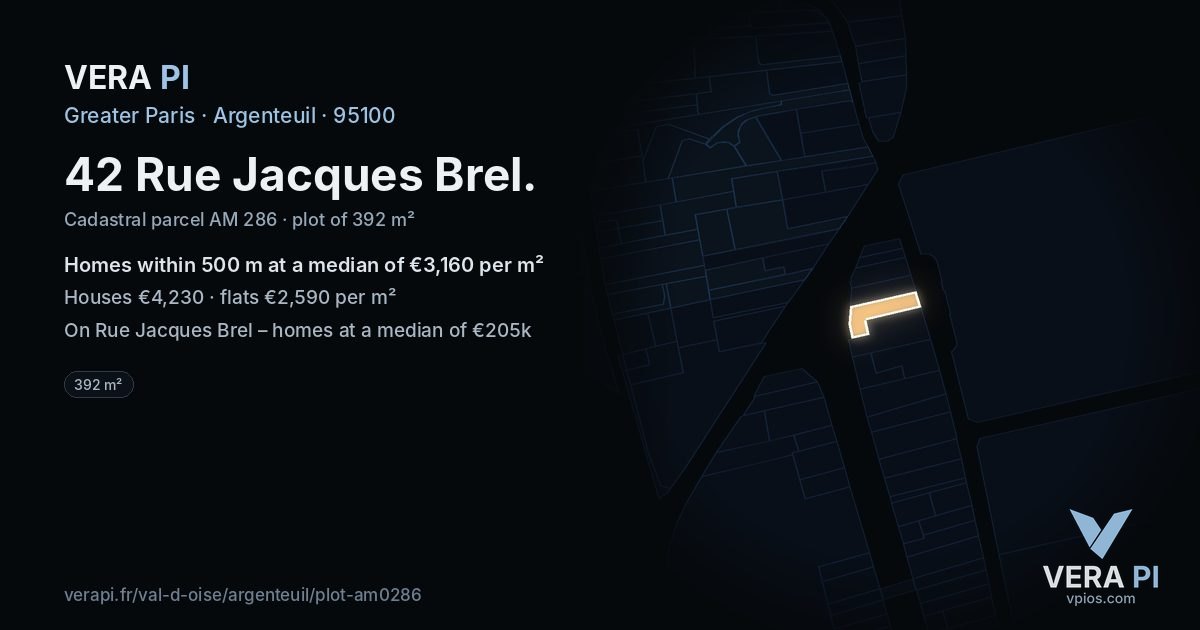 42 Rue Jacques Brel, Argenteuil at night – the plot lit, the parcels around coloured by the prices near them