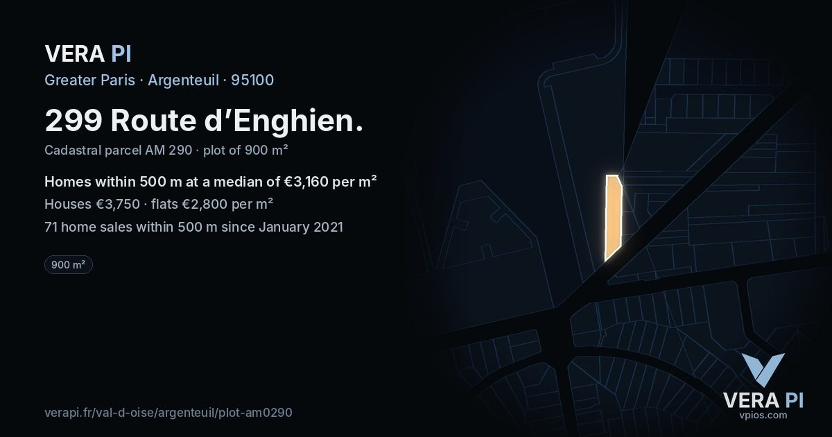299 Route d’Enghien, Argenteuil at night – the plot lit, the parcels around coloured by the prices near them