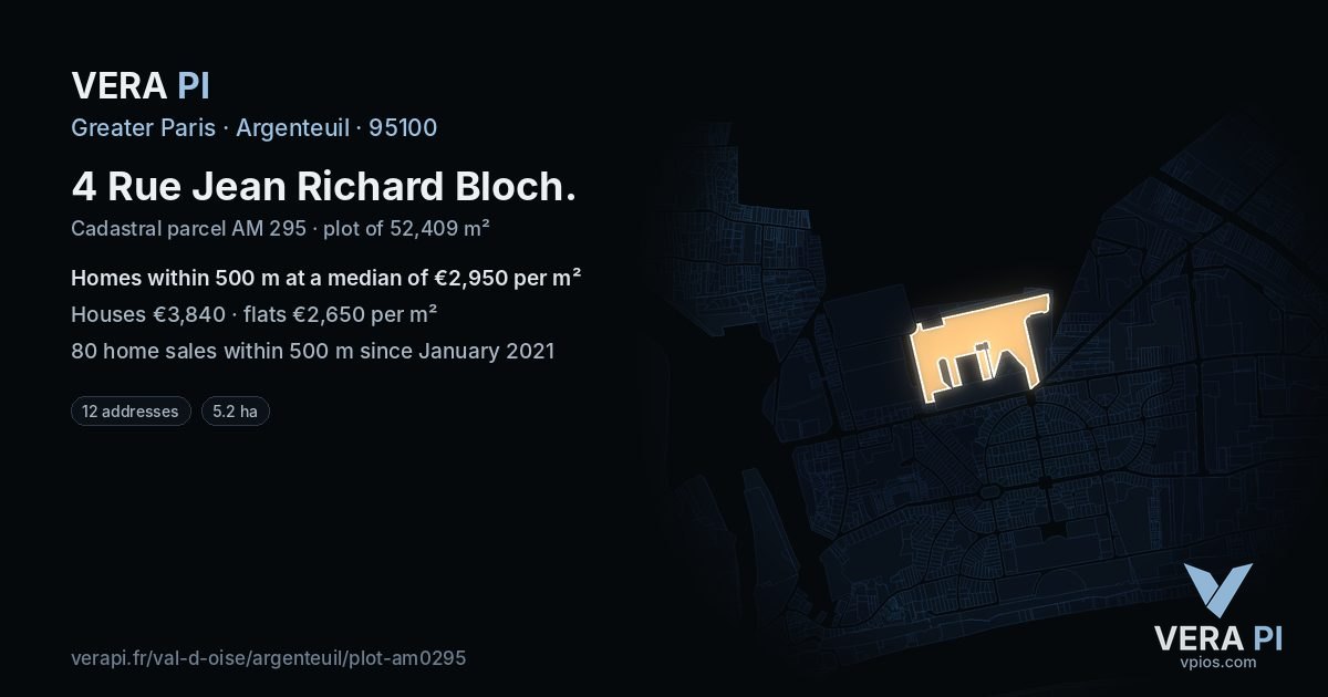 4 Rue Jean Richard Bloch, Argenteuil at night – the plot lit, the parcels around coloured by the prices near them