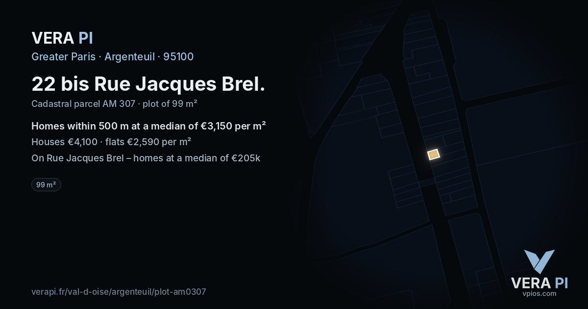 22 bis Rue Jacques Brel, Argenteuil at night – the plot lit, the parcels around coloured by the prices near them