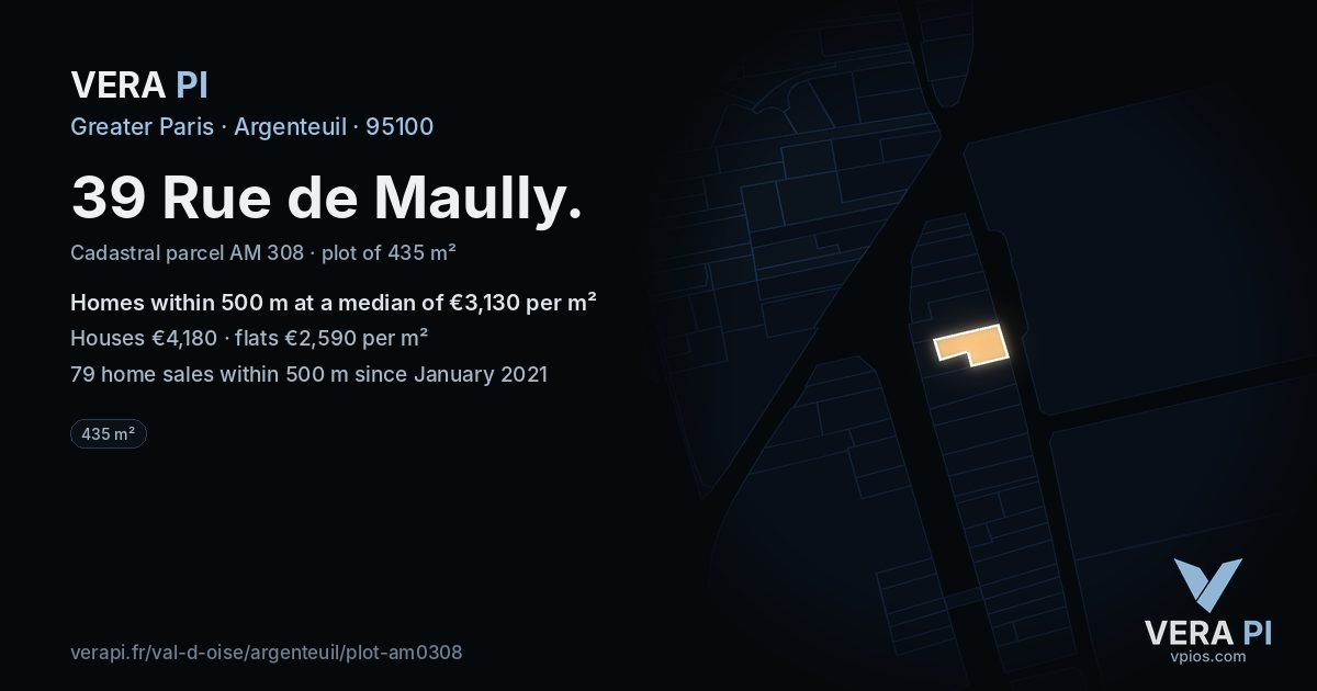 39 Rue de Maully, Argenteuil at night – the plot lit, the parcels around coloured by the prices near them