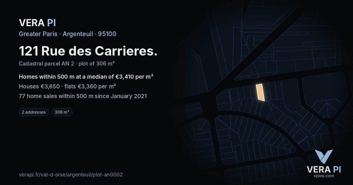 121 Rue des Carrieres, Argenteuil at night – the plot lit, the parcels around coloured by the prices near them