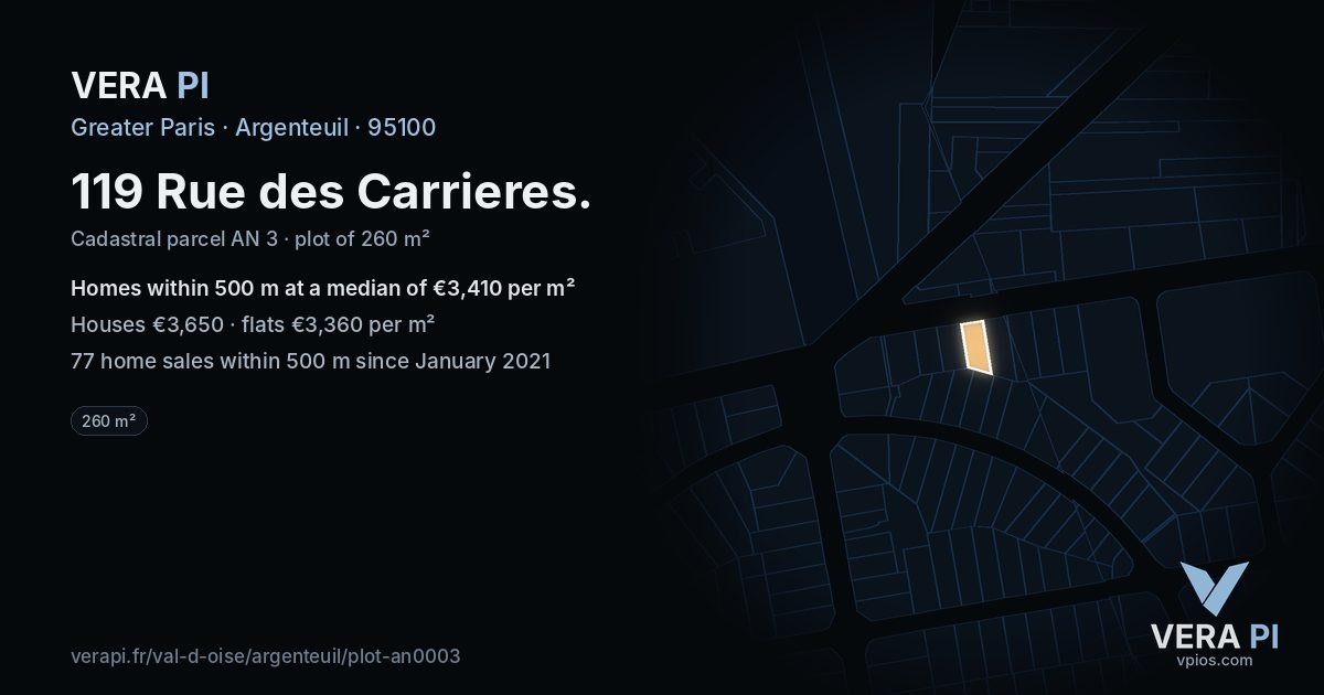 119 Rue des Carrieres, Argenteuil at night – the plot lit, the parcels around coloured by the prices near them