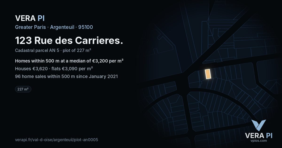 123 Rue des Carrieres, Argenteuil at night – the plot lit, the parcels around coloured by the prices near them