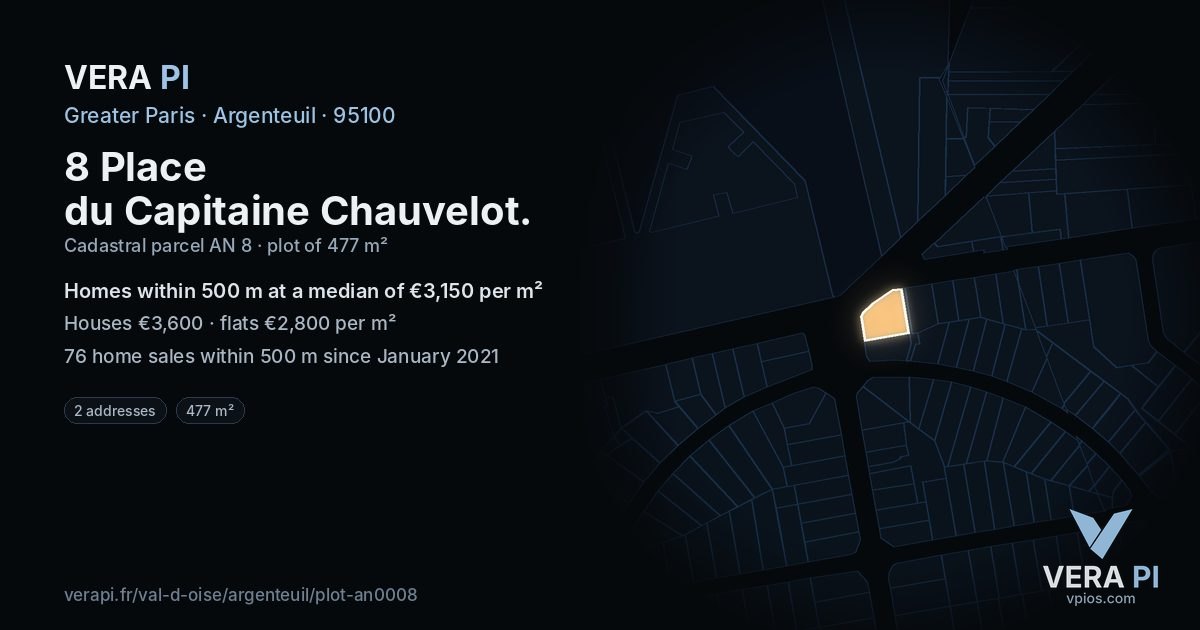 8 Place du Capitaine Chauvelot, Argenteuil at night – the plot lit, the parcels around coloured by the prices near them