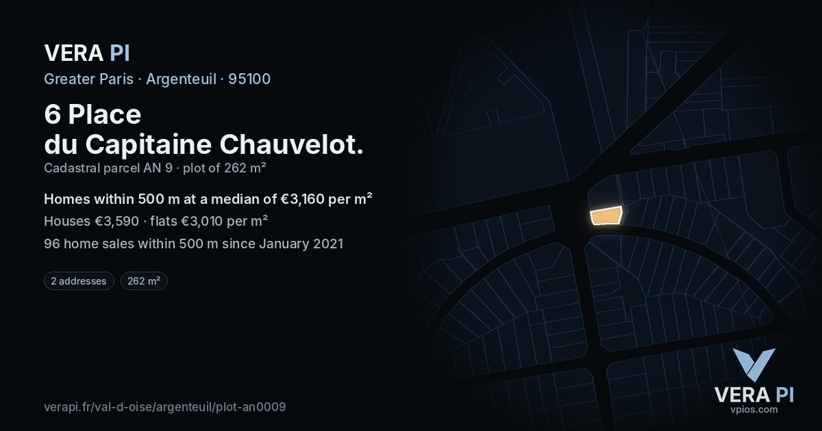 6 Place du Capitaine Chauvelot, Argenteuil at night – the plot lit, the parcels around coloured by the prices near them