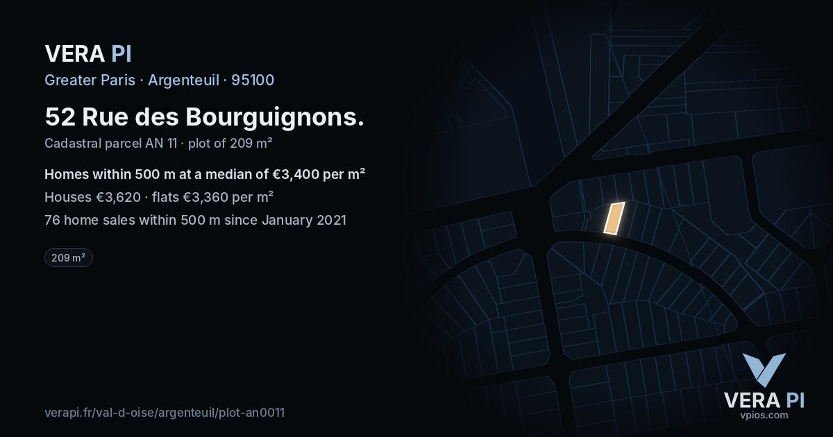 52 Rue des Bourguignons, Argenteuil at night – the plot lit, the parcels around coloured by the prices near them