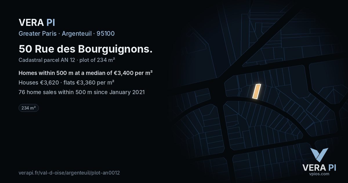 50 Rue des Bourguignons, Argenteuil at night – the plot lit, the parcels around coloured by the prices near them