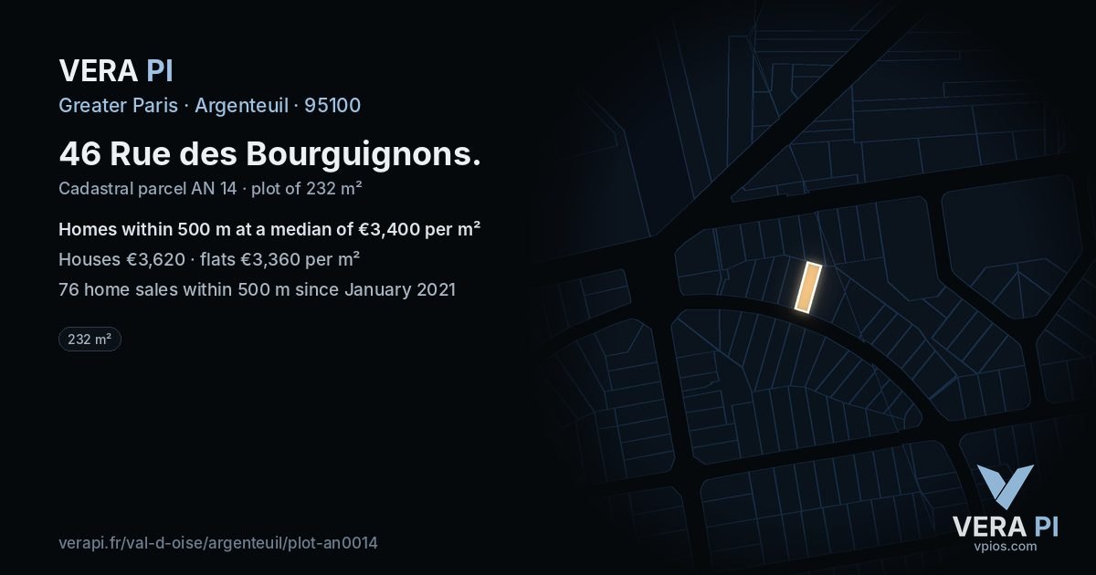 46 Rue des Bourguignons, Argenteuil at night – the plot lit, the parcels around coloured by the prices near them