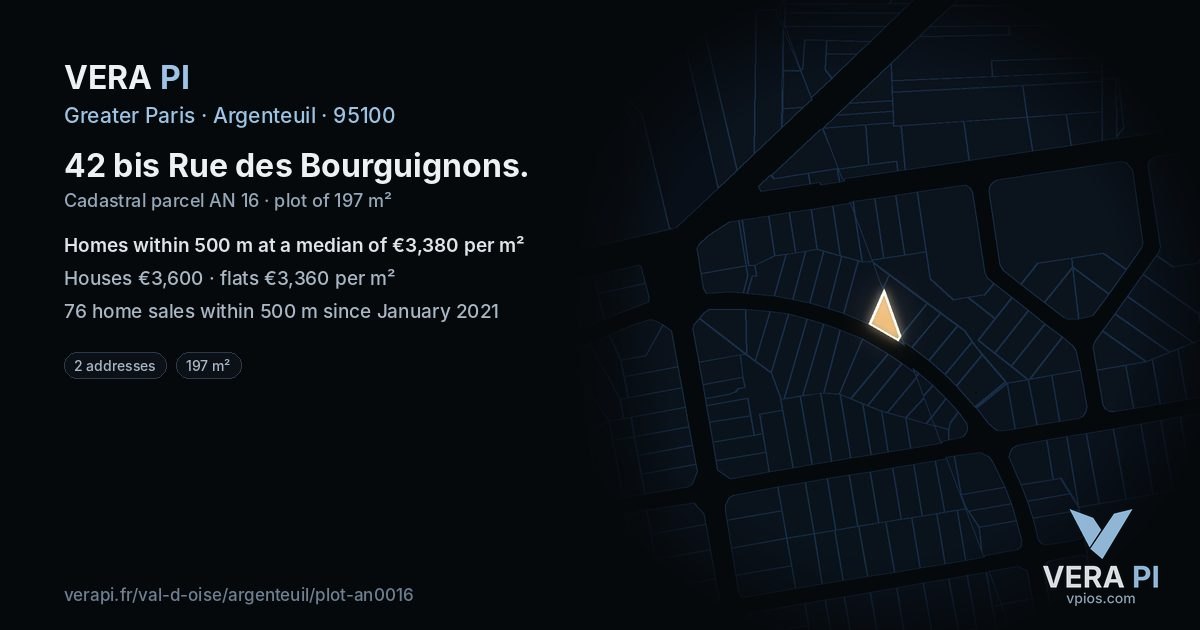 42 bis Rue des Bourguignons, Argenteuil at night – the plot lit, the parcels around coloured by the prices near them