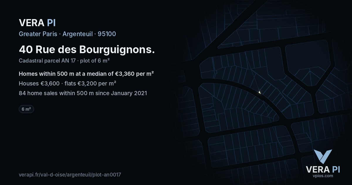 40 Rue des Bourguignons, Argenteuil at night – the plot lit, the parcels around coloured by the prices near them