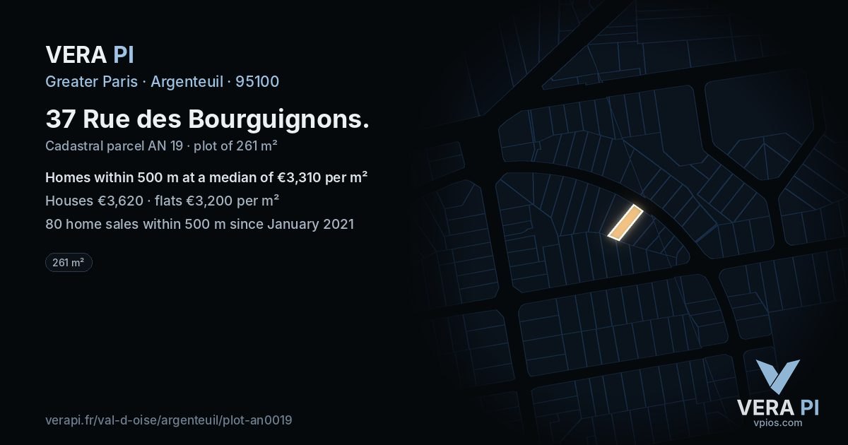 37 Rue des Bourguignons, Argenteuil at night – the plot lit, the parcels around coloured by the prices near them
