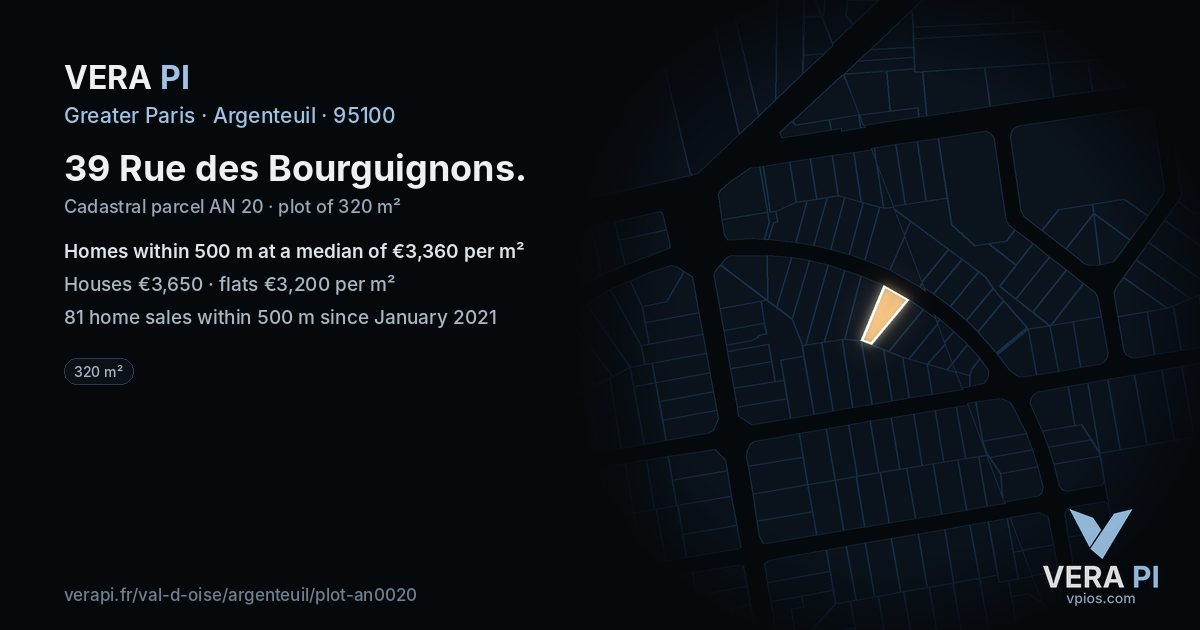 39 Rue des Bourguignons, Argenteuil at night – the plot lit, the parcels around coloured by the prices near them