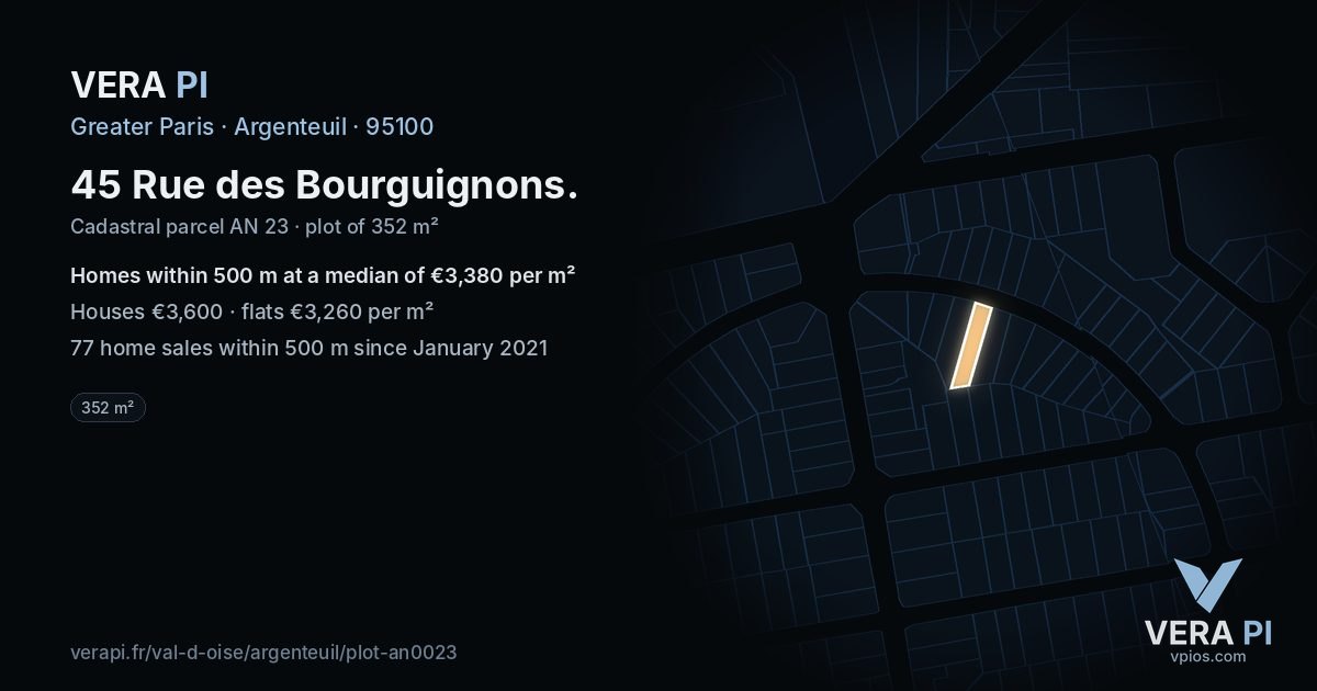 45 Rue des Bourguignons, Argenteuil at night – the plot lit, the parcels around coloured by the prices near them