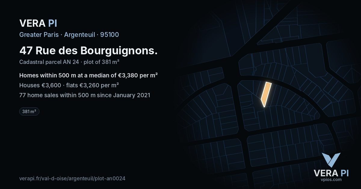 47 Rue des Bourguignons, Argenteuil at night – the plot lit, the parcels around coloured by the prices near them