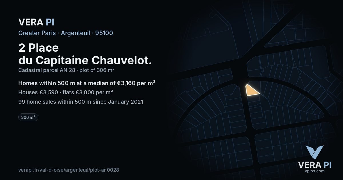 2 Place du Capitaine Chauvelot, Argenteuil at night – the plot lit, the parcels around coloured by the prices near them