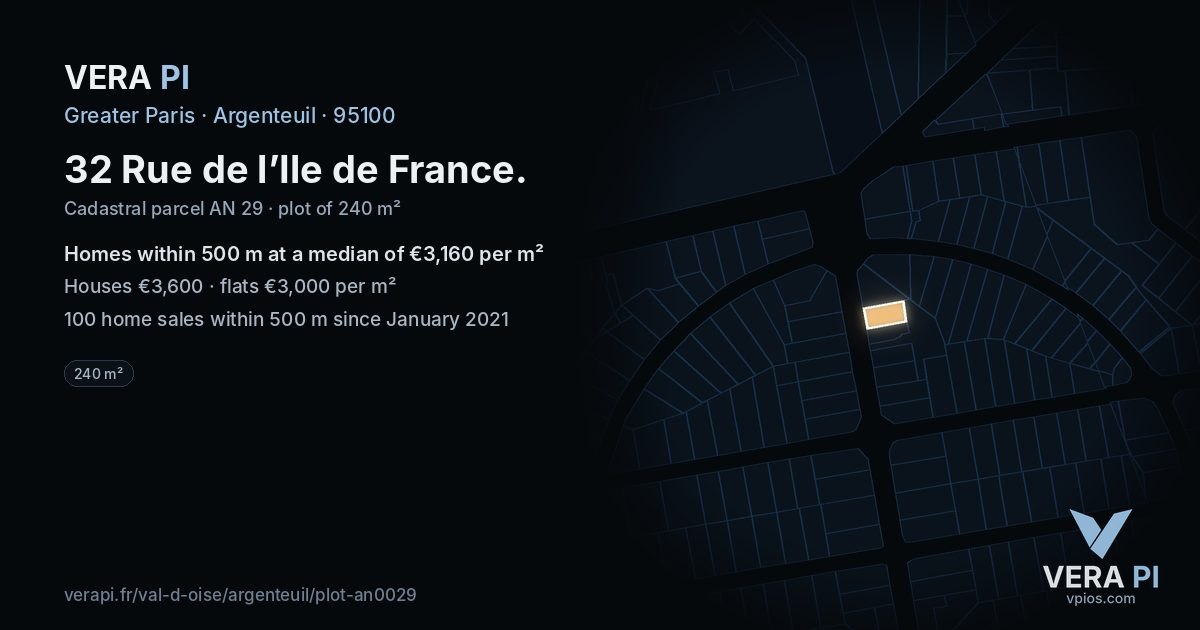 32 Rue de l’Ile de France, Argenteuil at night – the plot lit, the parcels around coloured by the prices near them