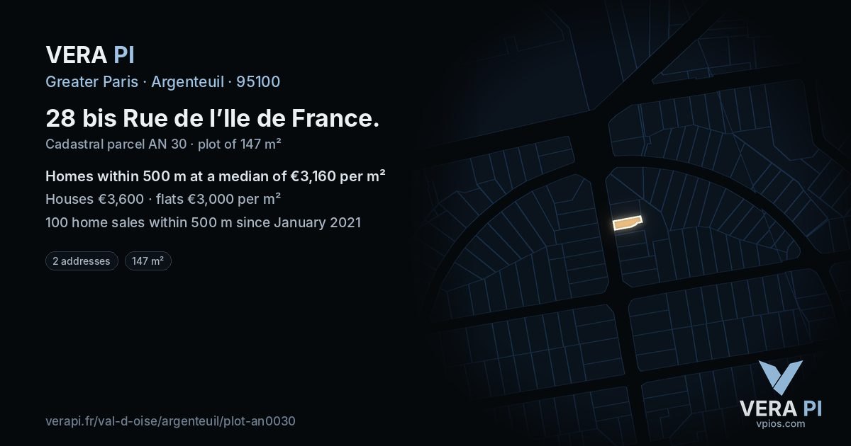 28 bis Rue de l’Ile de France, Argenteuil at night – the plot lit, the parcels around coloured by the prices near them