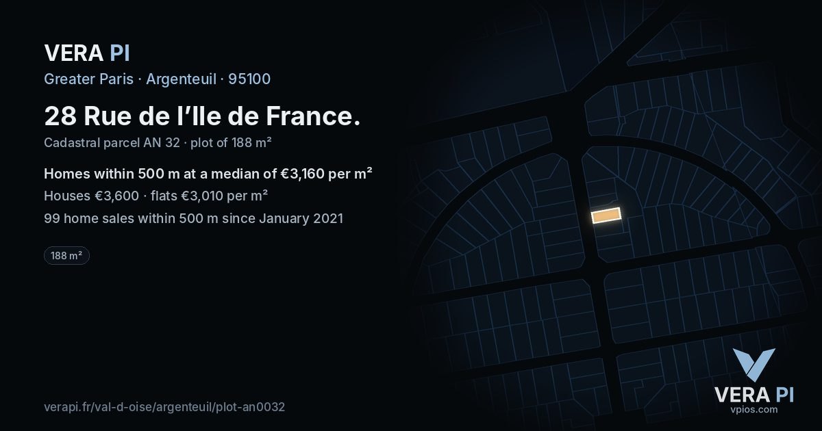 28 Rue de l’Ile de France, Argenteuil at night – the plot lit, the parcels around coloured by the prices near them
