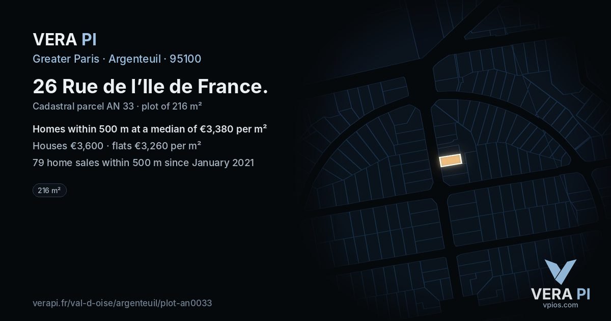 26 Rue de l’Ile de France, Argenteuil at night – the plot lit, the parcels around coloured by the prices near them