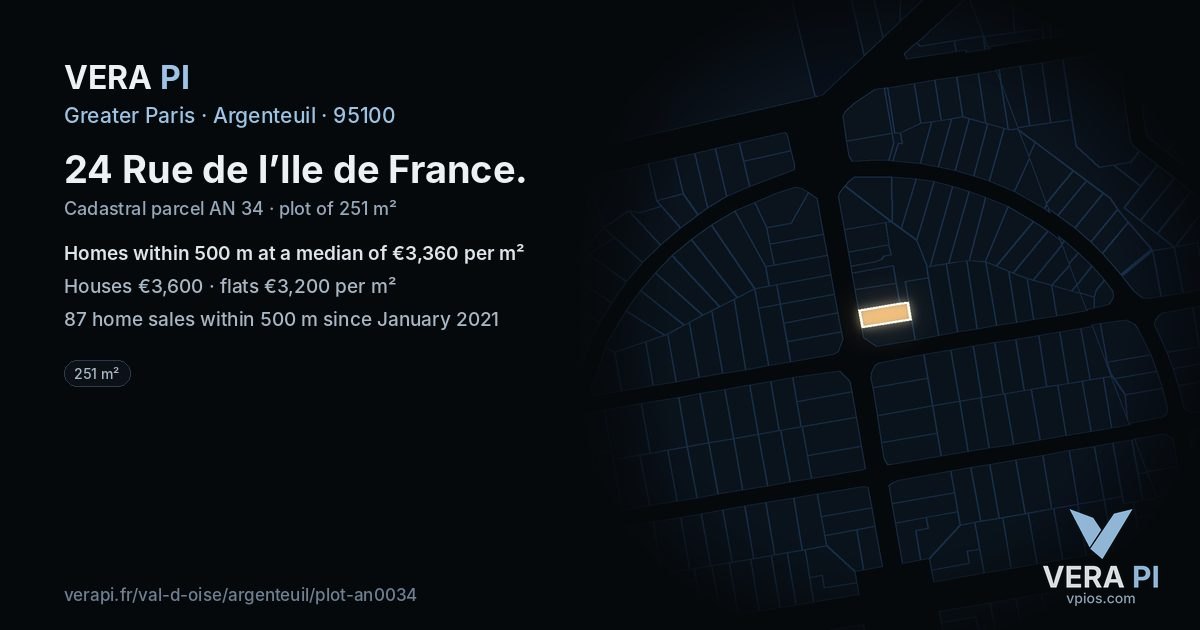 24 Rue de l’Ile de France, Argenteuil at night – the plot lit, the parcels around coloured by the prices near them