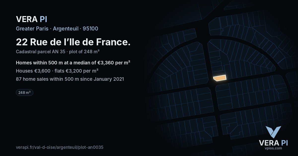 22 Rue de l’Ile de France, Argenteuil at night – the plot lit, the parcels around coloured by the prices near them