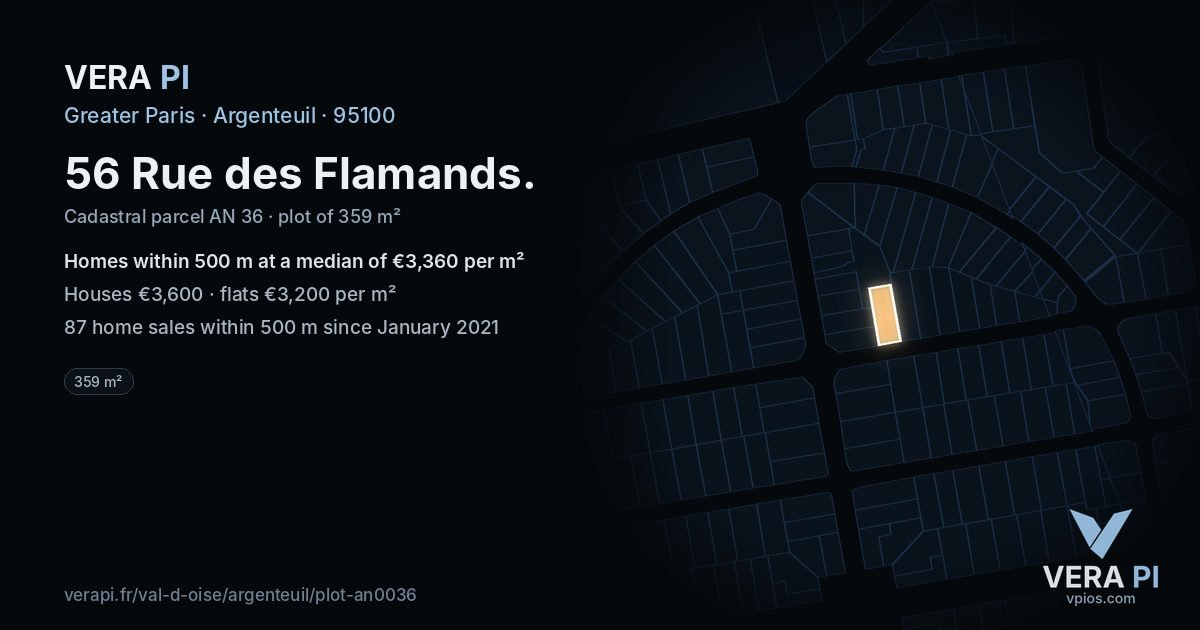 56 Rue des Flamands, Argenteuil at night – the plot lit, the parcels around coloured by the prices near them