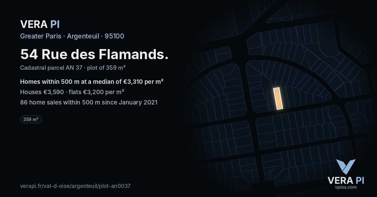 54 Rue des Flamands, Argenteuil at night – the plot lit, the parcels around coloured by the prices near them