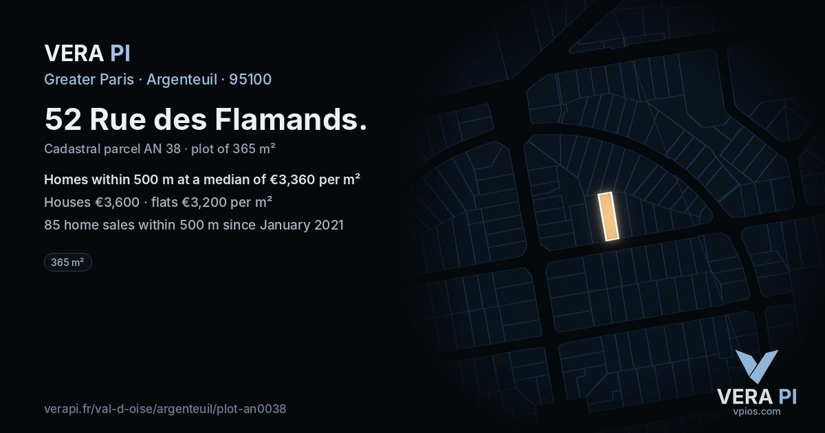52 Rue des Flamands, Argenteuil at night – the plot lit, the parcels around coloured by the prices near them